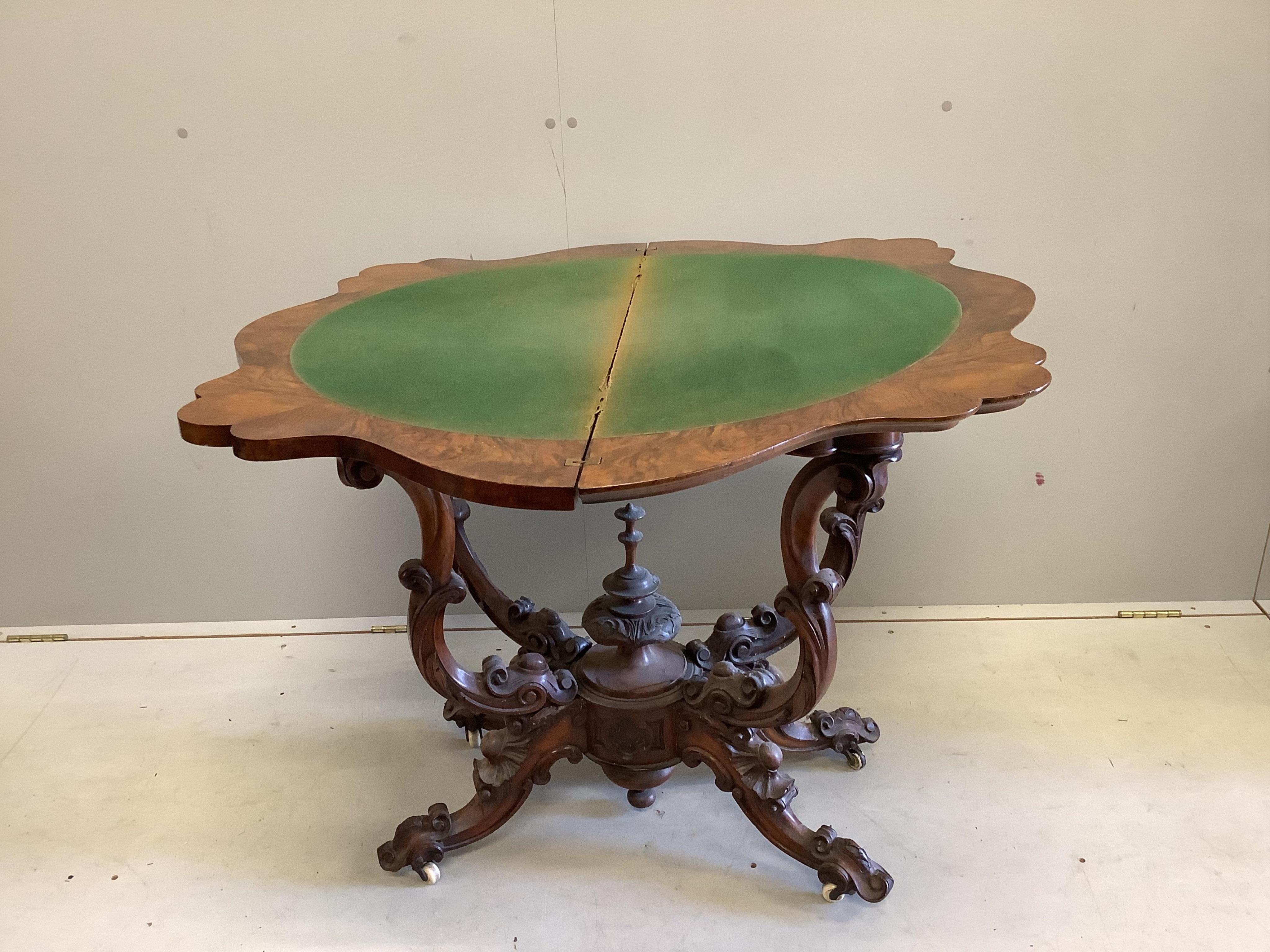 A Victorian burr walnut card table, width 99cm, depth 47cm, height 76cm